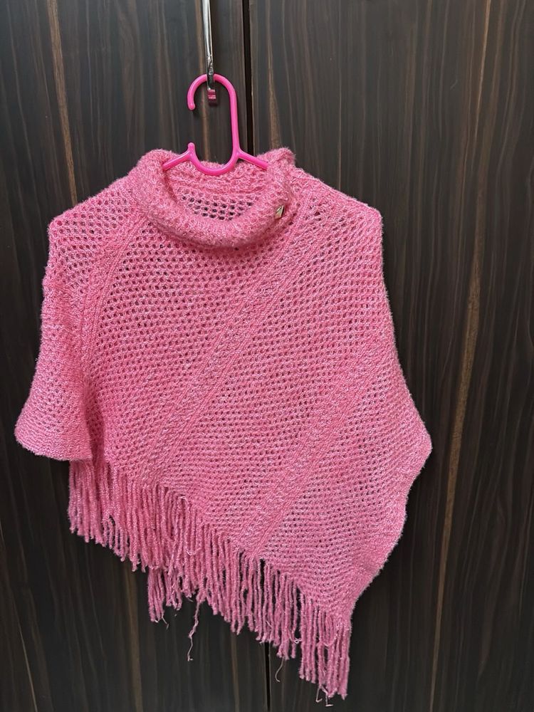 Pink Knit Poncho with Fringe
