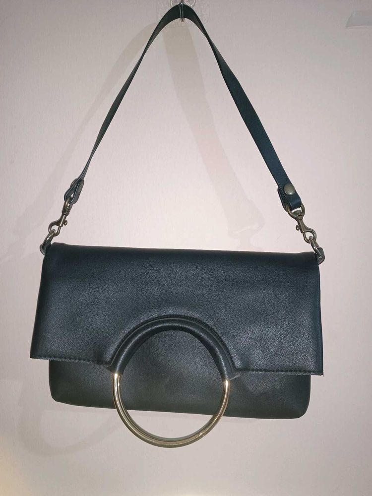 Chic Black Clutch with Gold Ring Detail