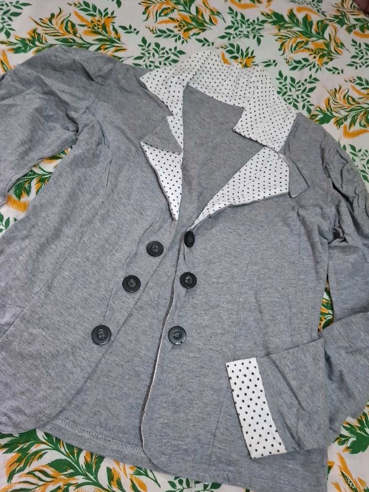 Gray Double-Breasted Blazer with Polka Dot Accents