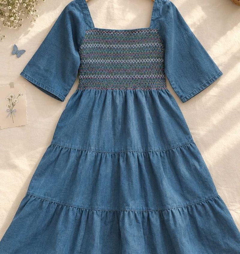 Denim Tiered Midi Dress