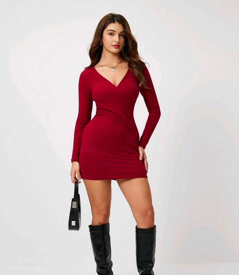 Wine Red Ribbed Bodycon Mini Dress | Full Sleeve