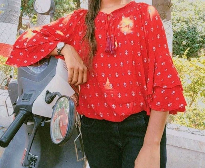Red Floral Print Bell Sleeve Top