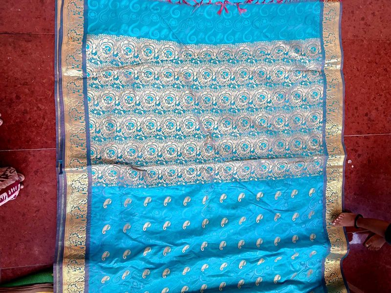 Turquoise Saree with Gold Weave