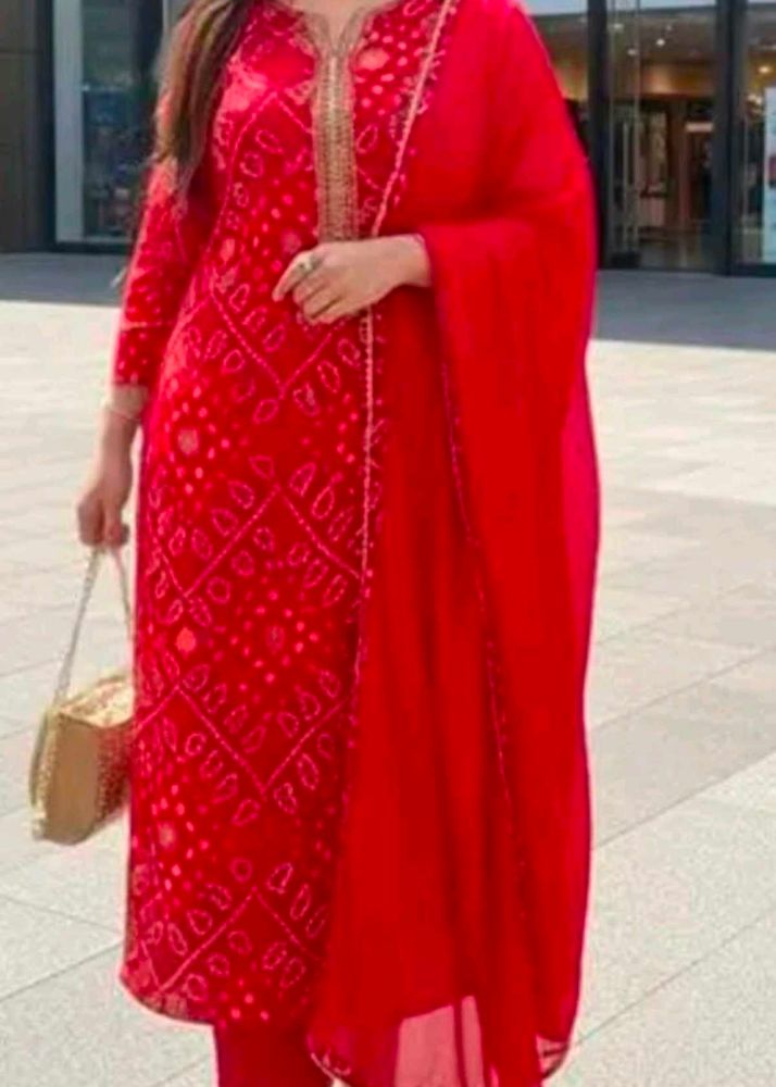 Vibrant Red Bandhani Kurta Set with Dupatta