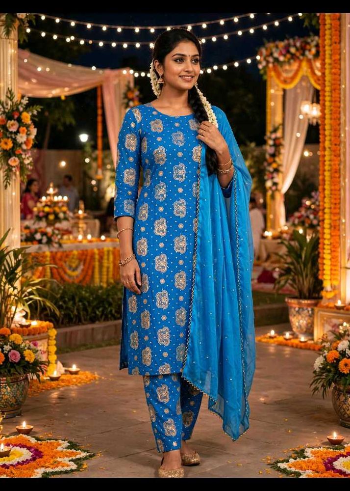 Vibrant Blue Printed Kurta Set with Dupatta