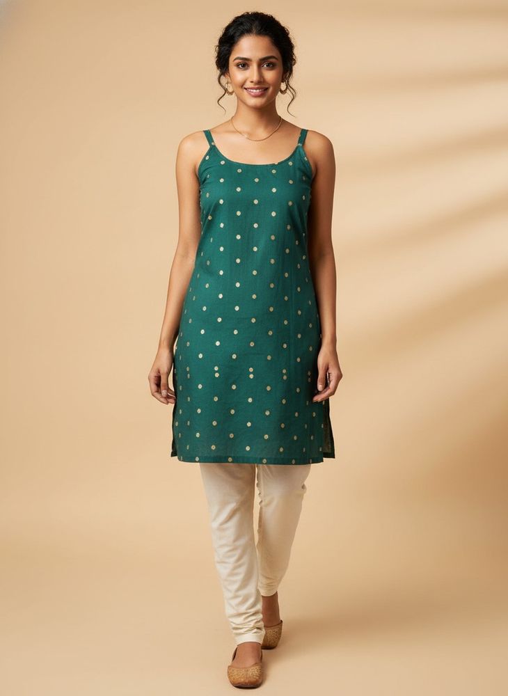 Bottle green brocade sleeveless kurti