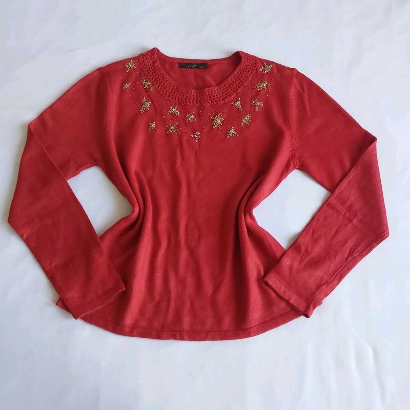Red Embroidered,Embellished Long Sleeve Top