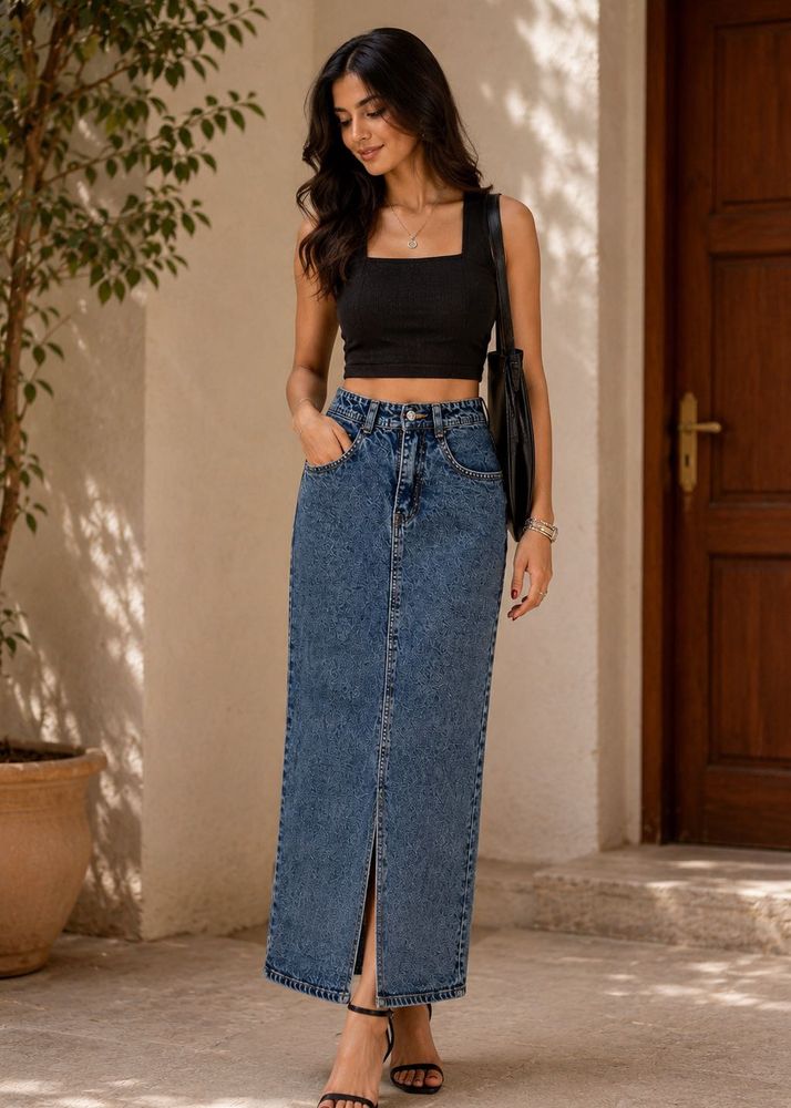 Classic Blue Denim Midi Skirt