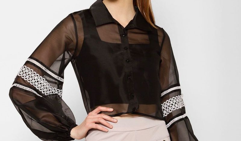Sheer Black Button-Up Top with White Trim