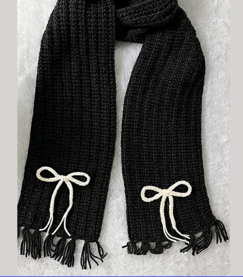 Chic Black Knit Scarf with Bow Detail