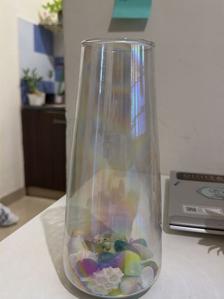 Iridescent Glass Vase with Shells