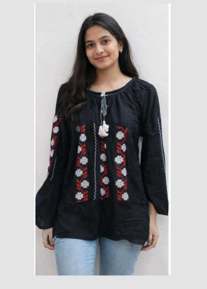 Embroidered Black Tunic Top