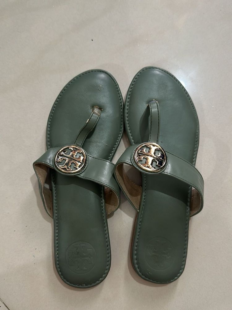 Hype Tory Burch Logo Green Leather Flip Flops