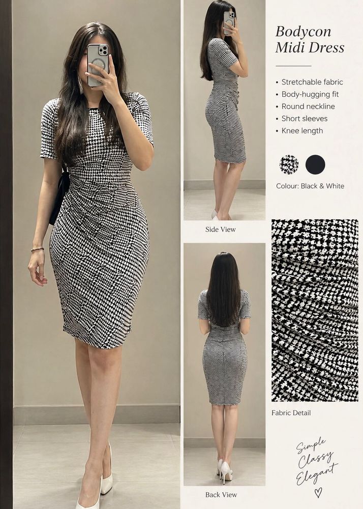 Bodycon Midi Dress - Black &amp; White Pattern