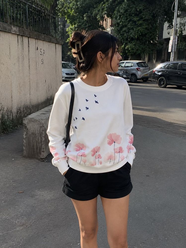 Cute Floral Print White Sweatshirt
