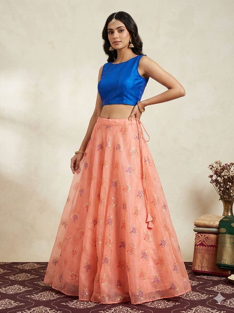 Peach Floral Embroidered Lehenga Set