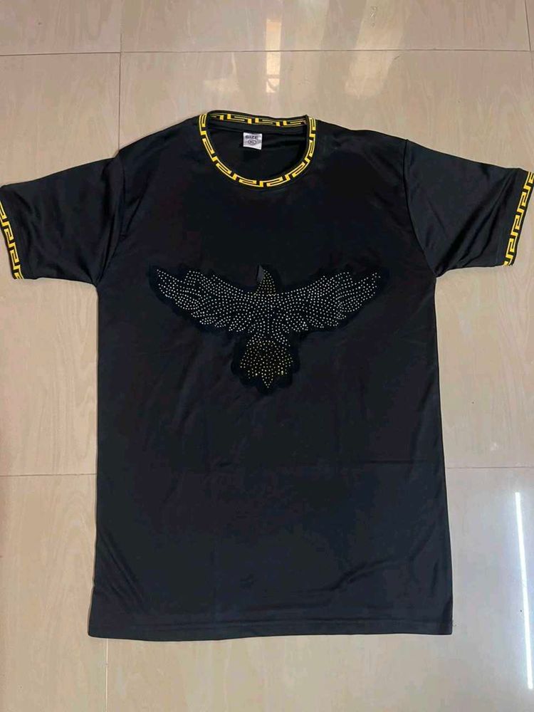 Black T-Shirt with Eagle Embellishment