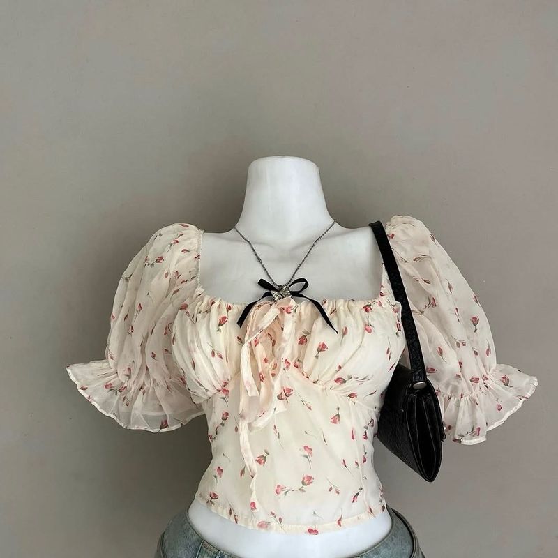 Floral Puff Sleeve Square Neck Top