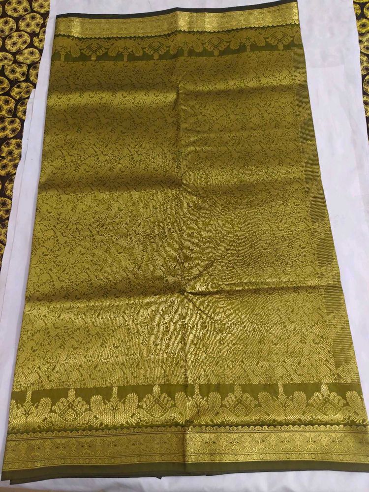 Elegant Olive Green Silk Saree with Gold Zari