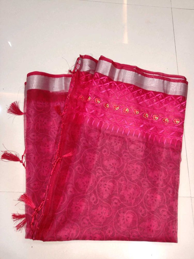 Vibrant Pink Saree with Tassels