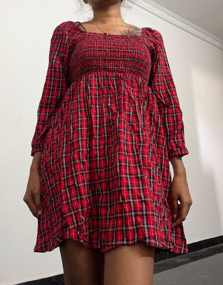 Red Plaid Smocked Square Neck Dress