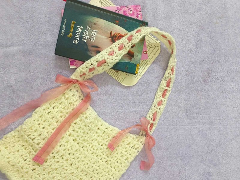 Handmade Crochet Mesh Bag with Ribbons