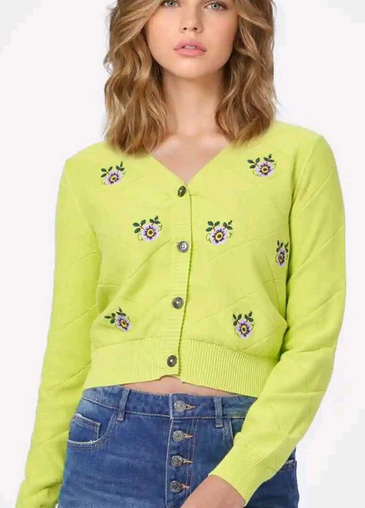 Cute Embroidered Lime Green Cardigan - XL Size