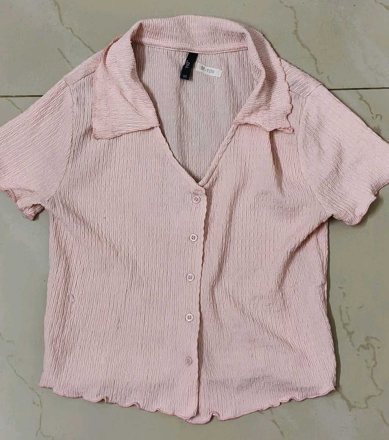 Pink Textured Short Sleeve Button-Up Top