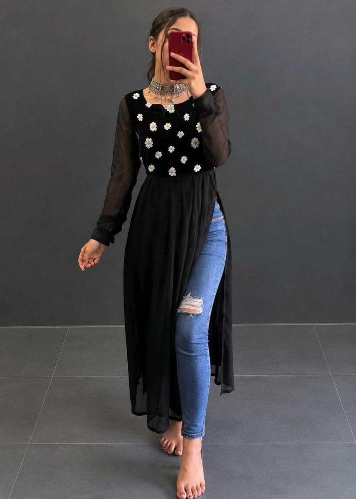 Black Floral Embroidered Maxi Kurta