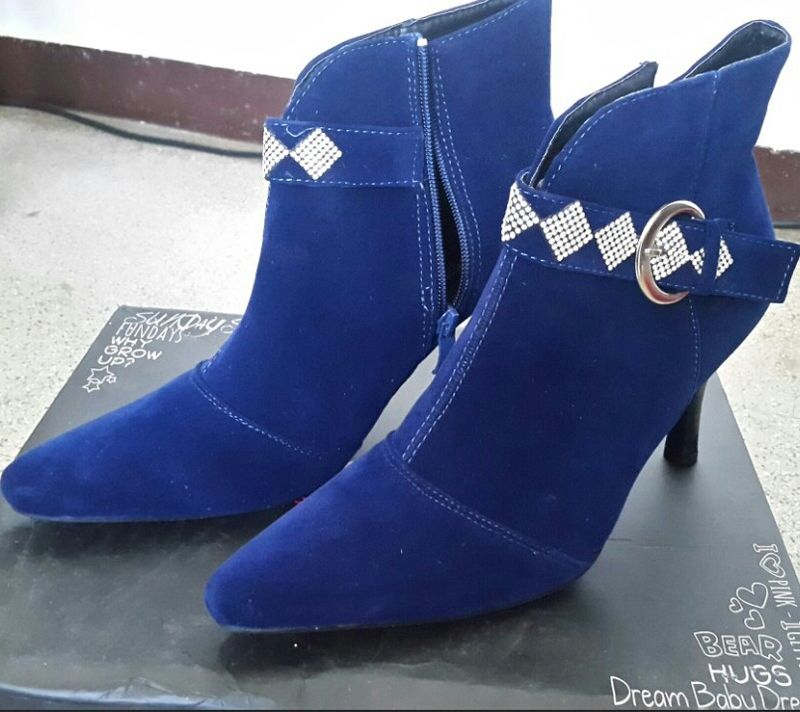 Nell Navy Blue Diamond Studded Heel Boots