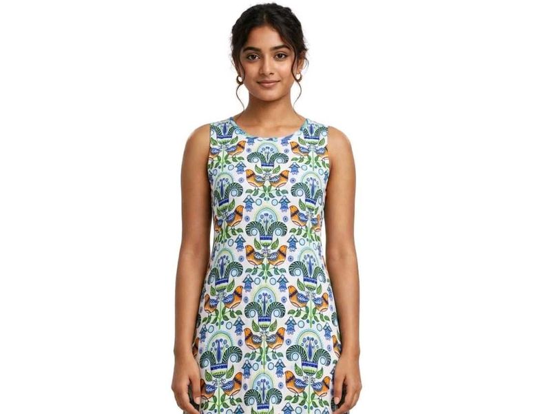 Charming Bird Print Sleeveless Dress