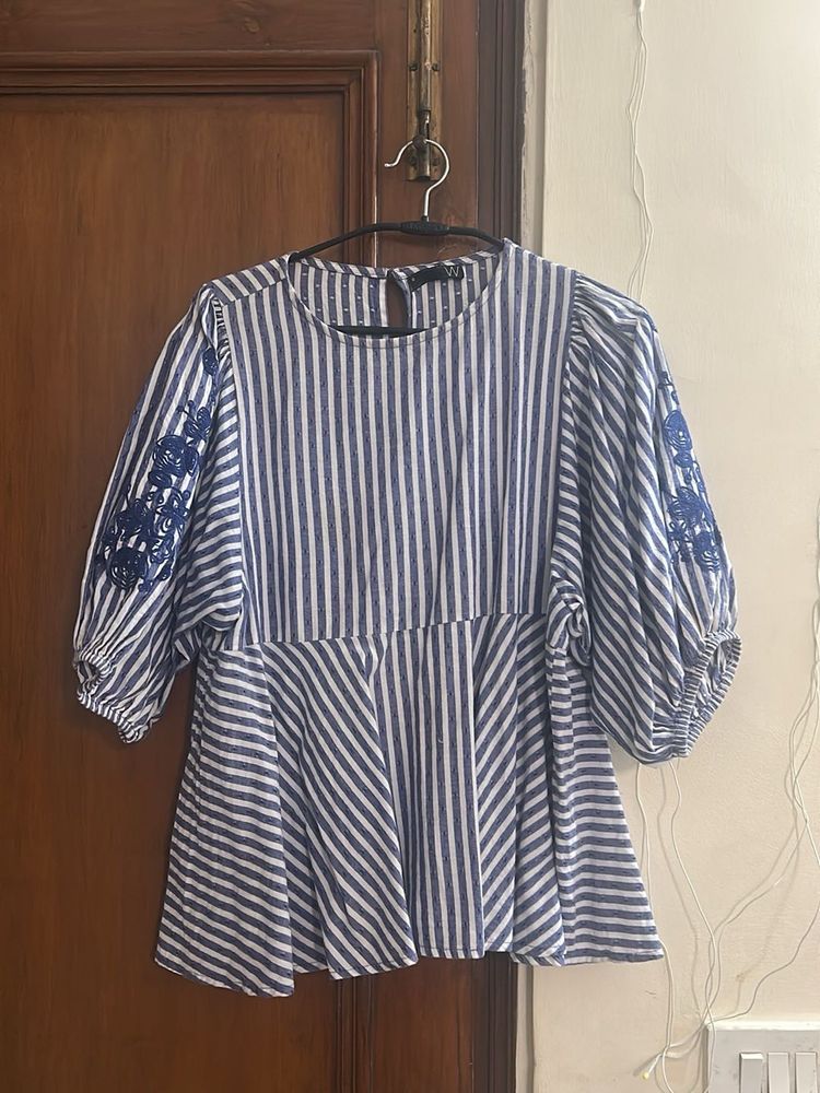 Striped Peplum Top with Embroidery