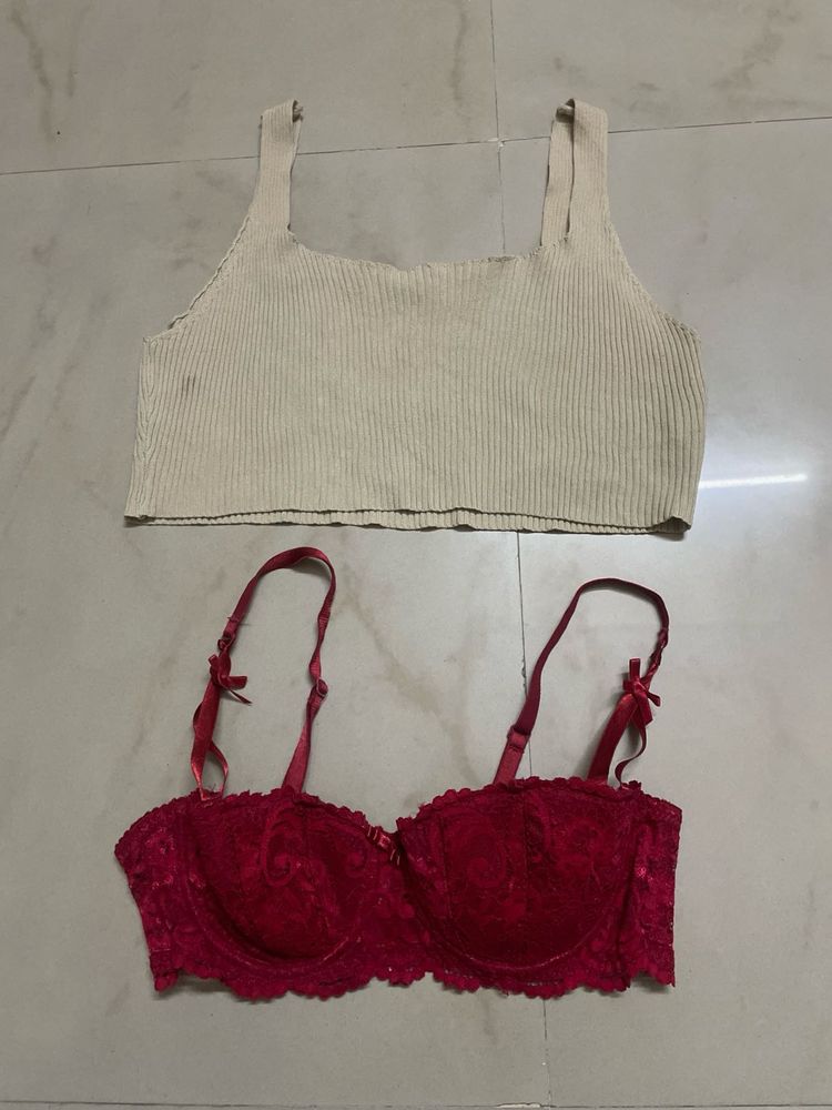 Beige Ribbed Crop Top &amp; Red Lace Bra Set