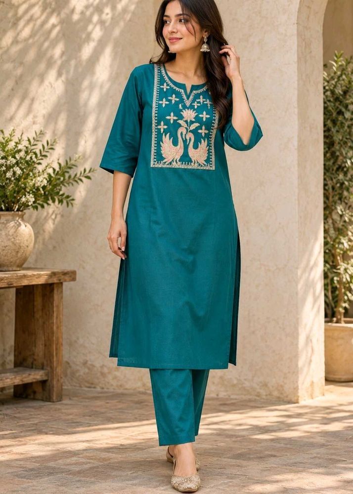 Embroidered Teal Kurta Set cotton XXL size