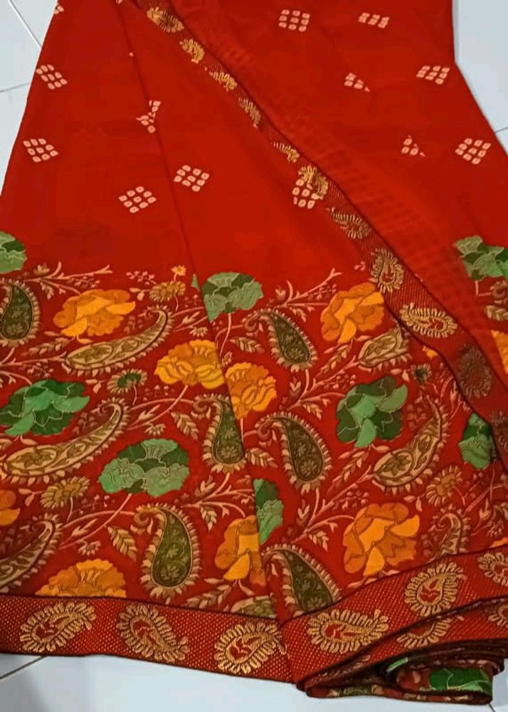 Red Printed Soft Saree With Unstitched Blouse