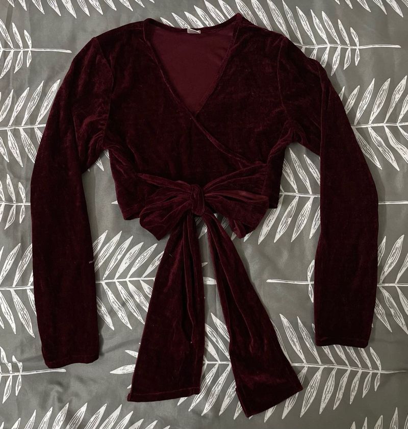Velvet Wrap Long Sleeve Crop Top