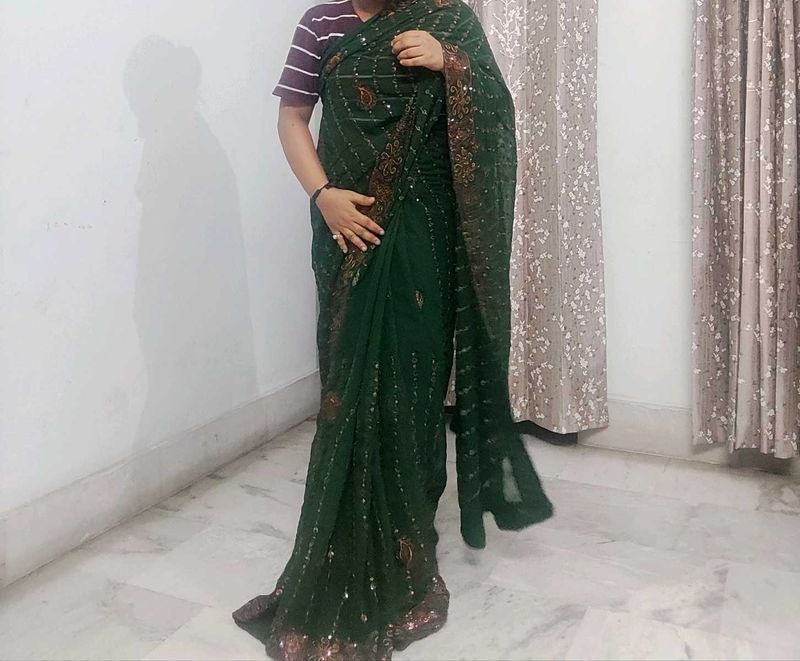 Elegant Green Sequined Saree attach blouse