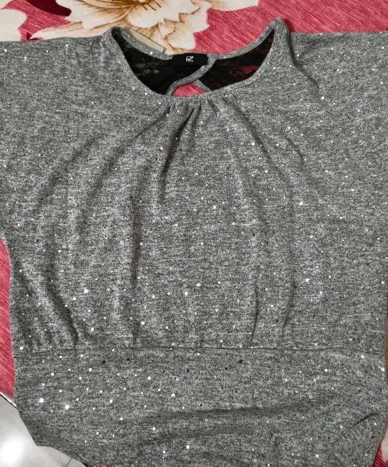 Gray Sparkle Lace Detail Top👀