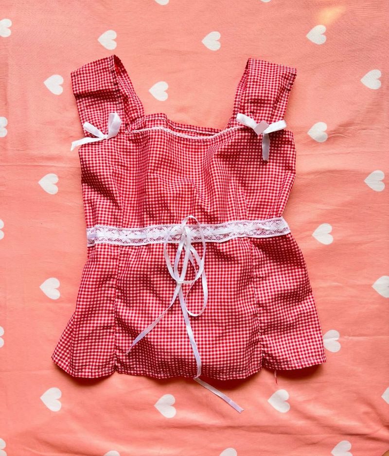 Red Gingham Corset Top with Lace Detail