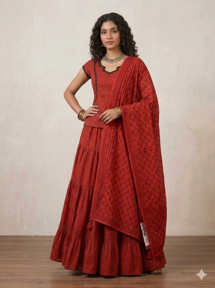 Red Block Print Lehenga Choli Set