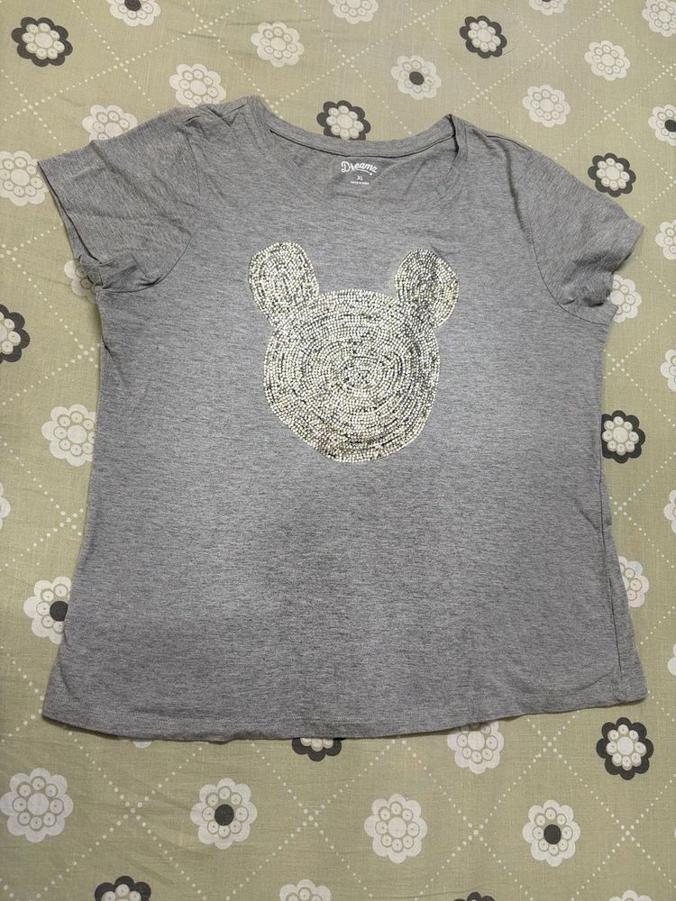 Grey T-Shirt with Embellished Mouse Face