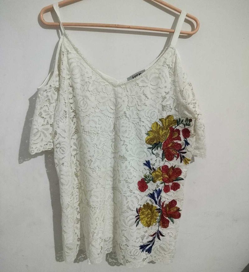 White Lace Cold Shoulder Top with Floral Embroider