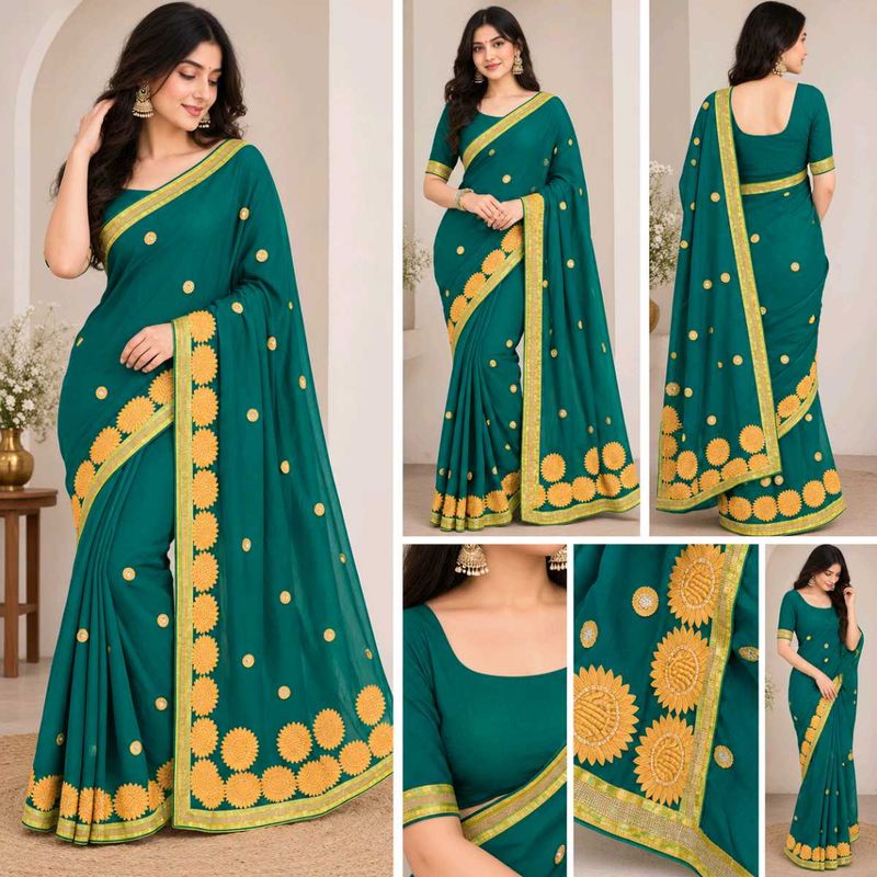 Elegant Teal Saree with Golden Embroidery
