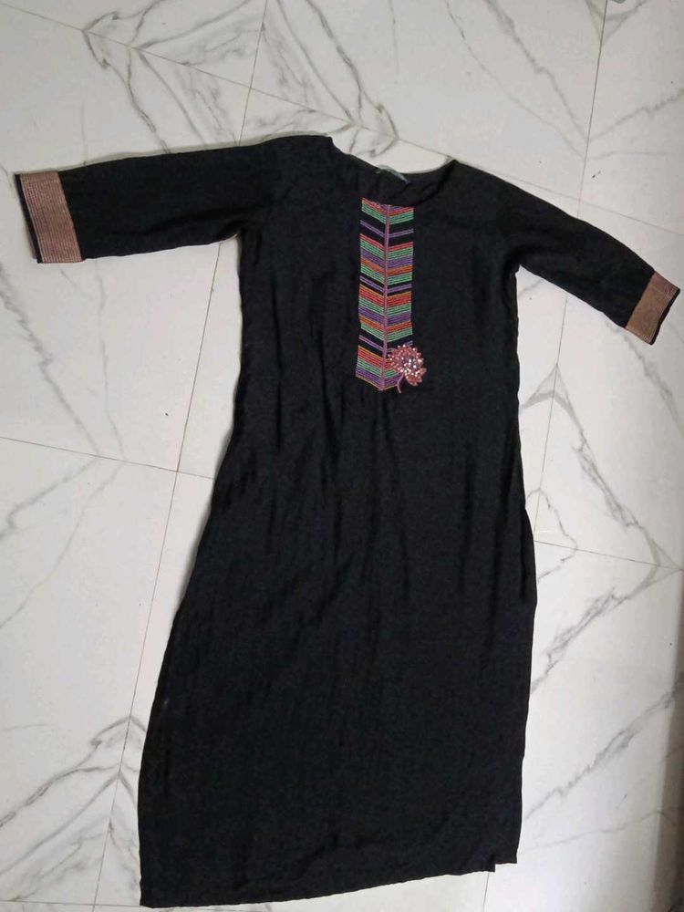 Elegant Black Kurta with Colorful Neckline