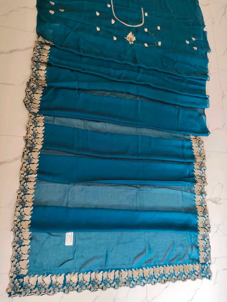 Teal Blue Embroidered Saree