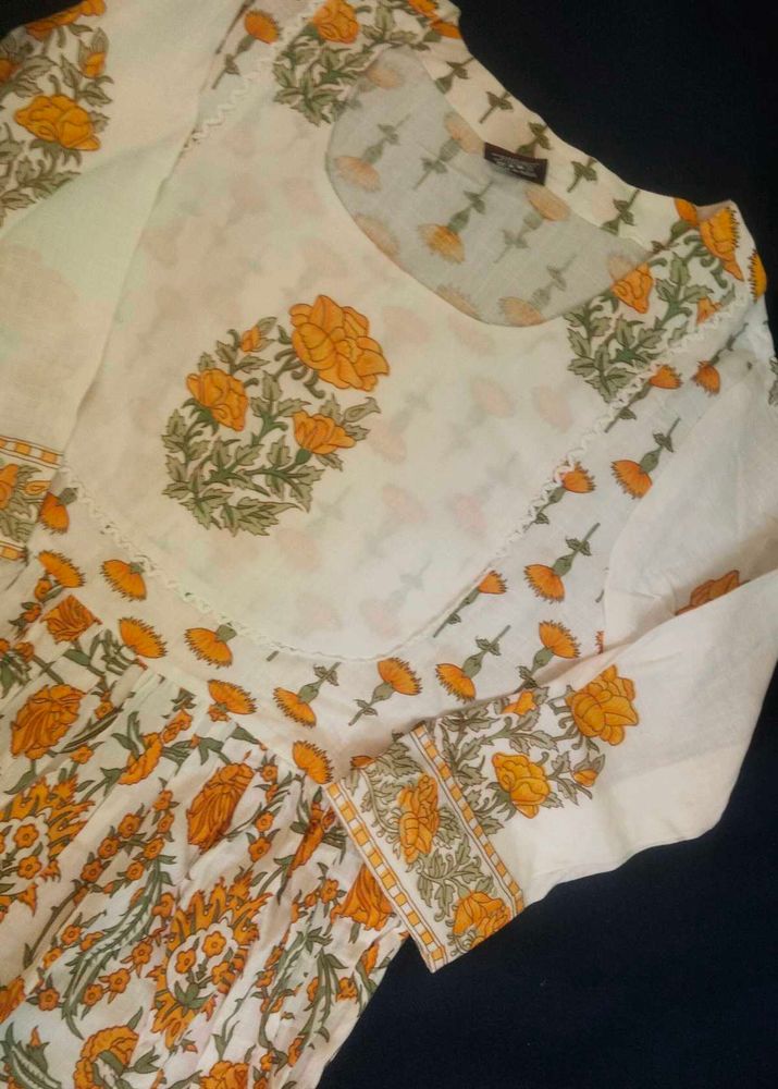 White Kurta with Yellow Floral Print