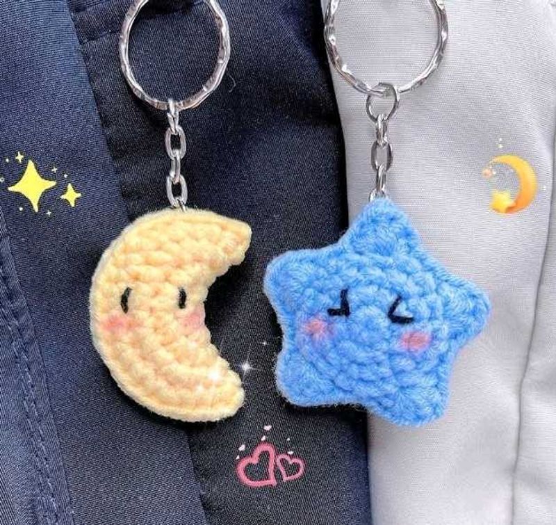 Crocheted Moon &amp; Star Keychain Set