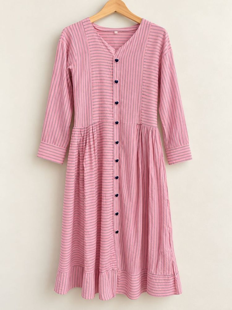 Pink Striped Button-Up kurti set