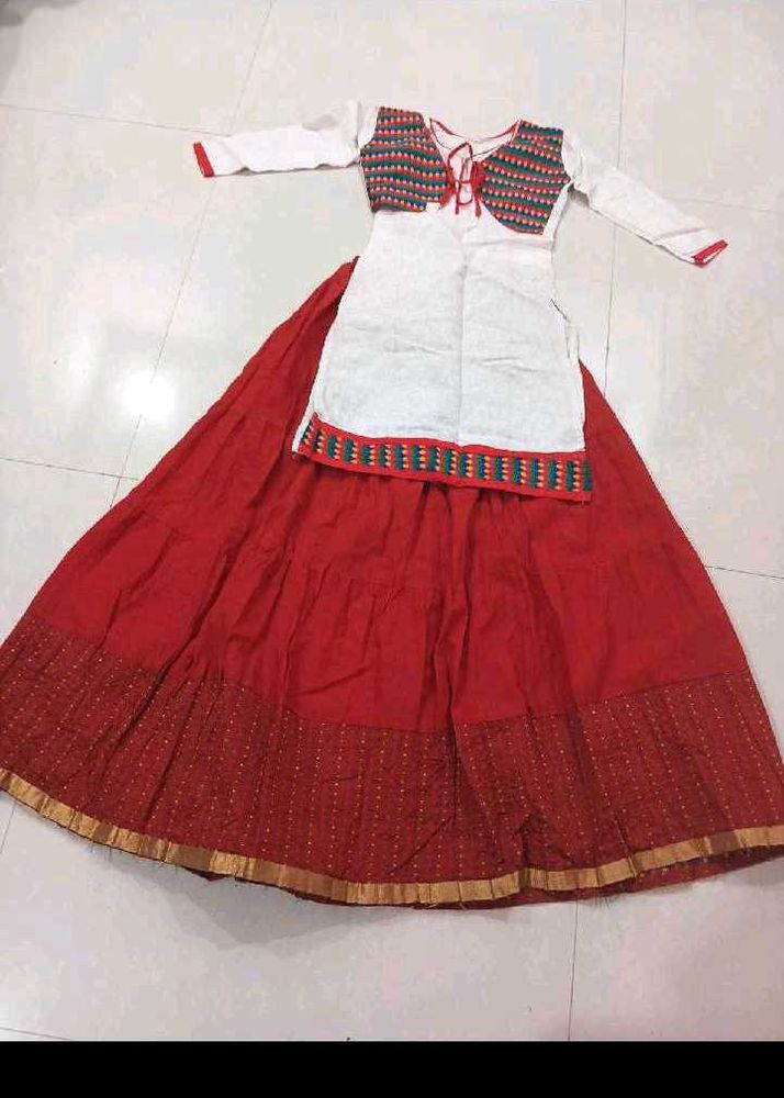 Red Skirt with White Kurti &amp; Jacket Set