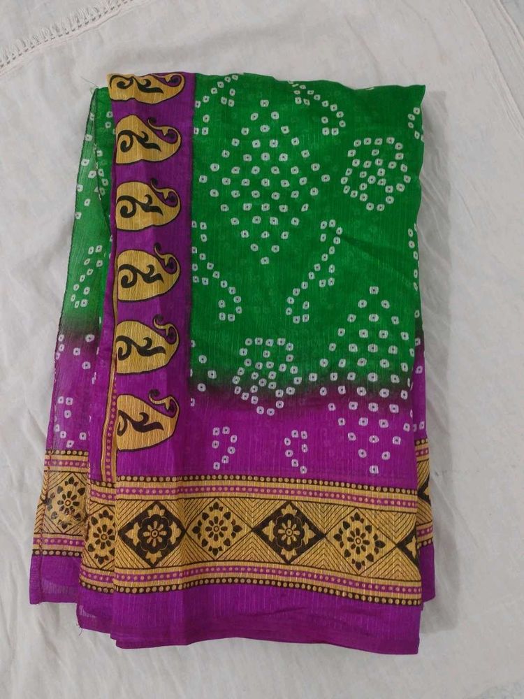 Vibrant Green &amp; Purple Bandhani Saree